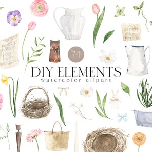 Frühling Tulpe Clip Art DIY Elemente Blumenkorb Nest Grün Laub Boho Chic Sublimation Clipart PNG für Hochzeitseinladung
