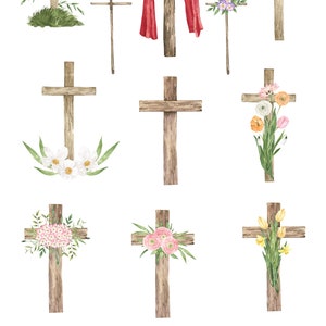 May include: A set of 11 watercolor illustrations of wooden crosses with various floral arrangements. The crosses are brown and the flowers are in shades of pink, white, and yellow. The text "CROSSES CLIPART 14" is at the top of the image. The text "by LiChu" is at the bottom of the image.