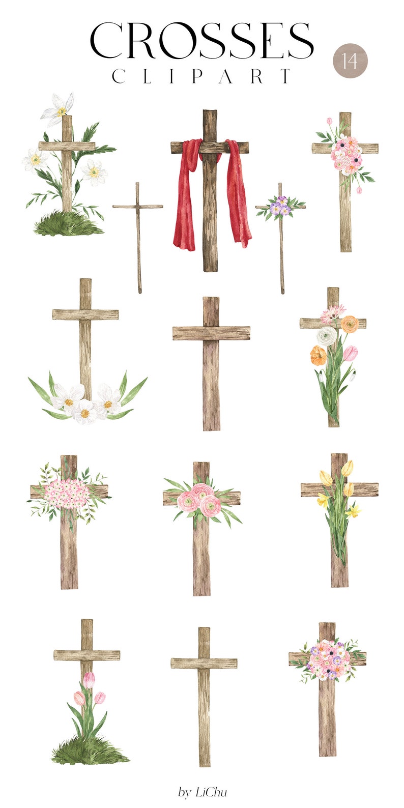 May include: A set of 11 watercolor illustrations of wooden crosses with various floral arrangements. The crosses are brown and the flowers are in shades of pink, white, and yellow. The text "CROSSES CLIPART 14" is at the top of the image. The text "by LiChu" is at the bottom of the image.
