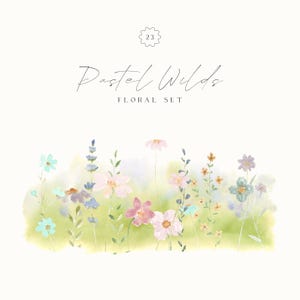 Clipart de flores silvestres em tons pastel – flores suaves de prado em aquarela, flores cottagecore, elementos florais de flores silvestres de verão, clipart de casamento
