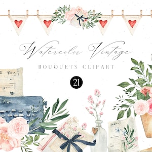 Aquarell Vintage Blumenstrauß Clipart Boho Chic rosa Blume alte Buchstaben Schreibmaschine Floral für Hochzeit einladen Pfingstrose Rose Wildblumen Clip Art png