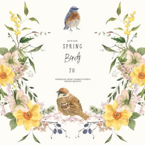 Clipart oiseaux printemps - Bouquet floral fleur élégante aquarelle jardin oiseaux chanteurs Robin - couronne de fleurs sauvages fleurs de Pâques - téléchargement numérique