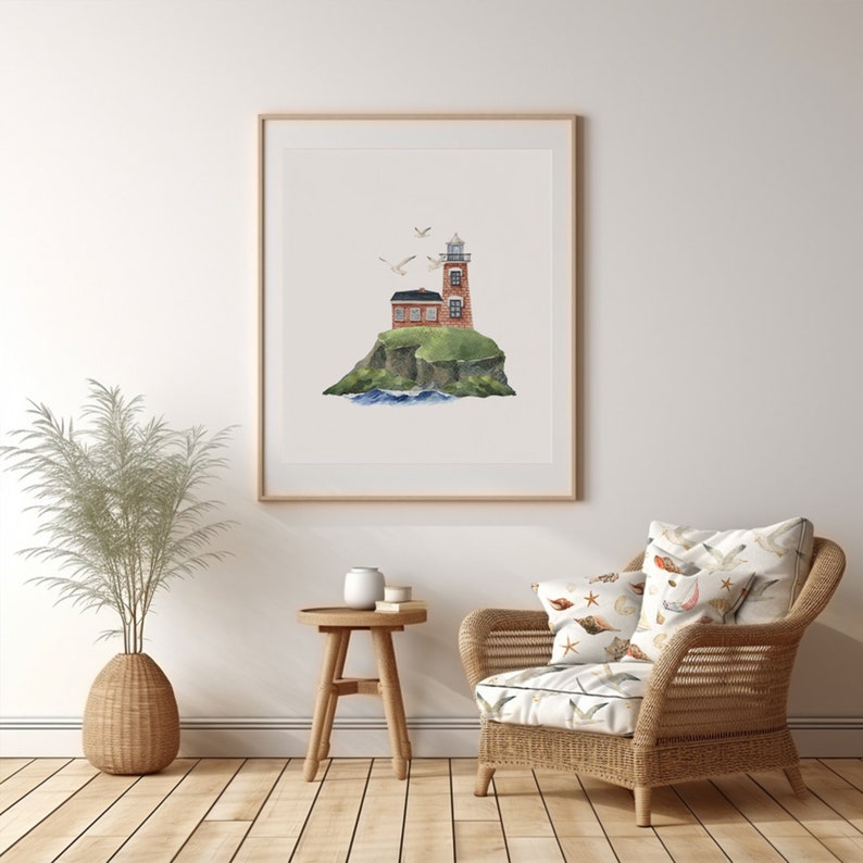 May include: A watercolor painting of a red brick lighthouse on a small island with green grass and a blue ocean. The lighthouse has a white roof and a white lantern. There are two white birds flying in the sky.