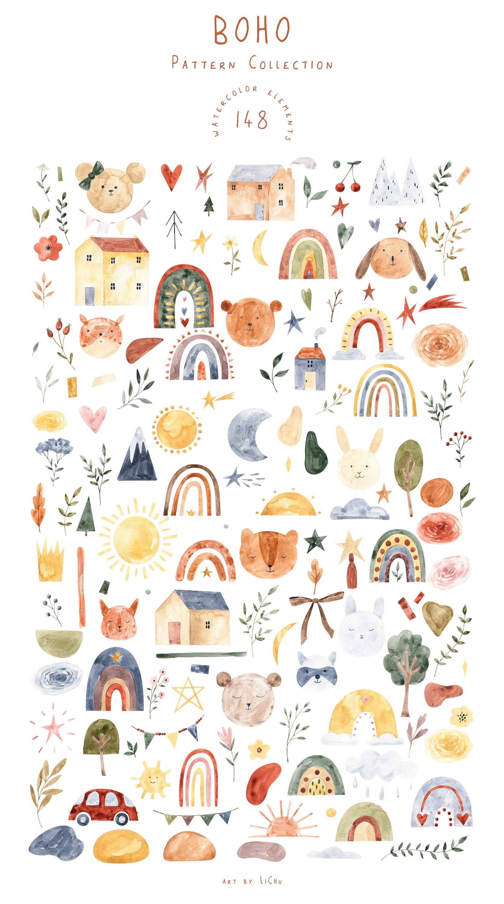 Watercolor Boho Nursery Clipart Rainbow Cute Animal Bear Bunny Woodland ...
