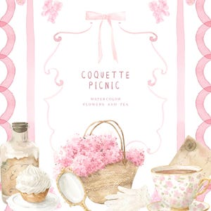 May include: A watercolour illustration with a picnic theme. It features a basket of pink flowers, a teacup, a bottle, a cupcake, a mirror, and gloves. The text "COQUETTE PICNIC" is displayed above the objects, with "WATERCOLOR FLOWERS AND TEA" below.