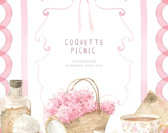 Puede incluir: Ilustración en acuarela con temática de picnic. Presenta una cesta de flores rosas, una taza de té, una botella, una magdalena, un espejo y guantes. El texto "COQUETTE PICNIC" se muestra encima de los objetos, con "WATERCOLOR FLOWERS AND TEA" debajo.