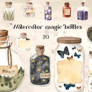 Könnte beinhalten: Ein Set mit 20 Aquarell-Illustrationen von Zauberflaschen. Die Flaschen sind mit verschiedenen Gegenständen gefüllt, darunter Schmetterlinge, Sterne, Kräuter und Muscheln. Die Flaschen sind mit Wörtern wie "Wald", "Nacht" und "Meer" beschriftet.