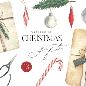May include: Watercolour illustration of Christmas gifts, including wrapped presents, ornaments, a candy cane, and a pair of scissors. The text "watercolor CHRISTMAS gifts 13" is also included.