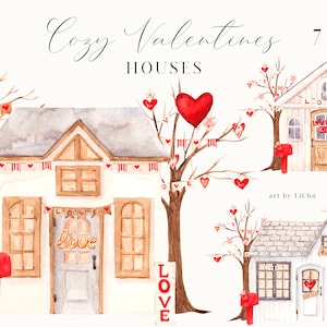 Acquerello San Valentino Casa Clipart Cottage Logo Carino Casa Inaugurazione Edificio Cuore Alberi Invito Nozze Sublimazione Clip Art png