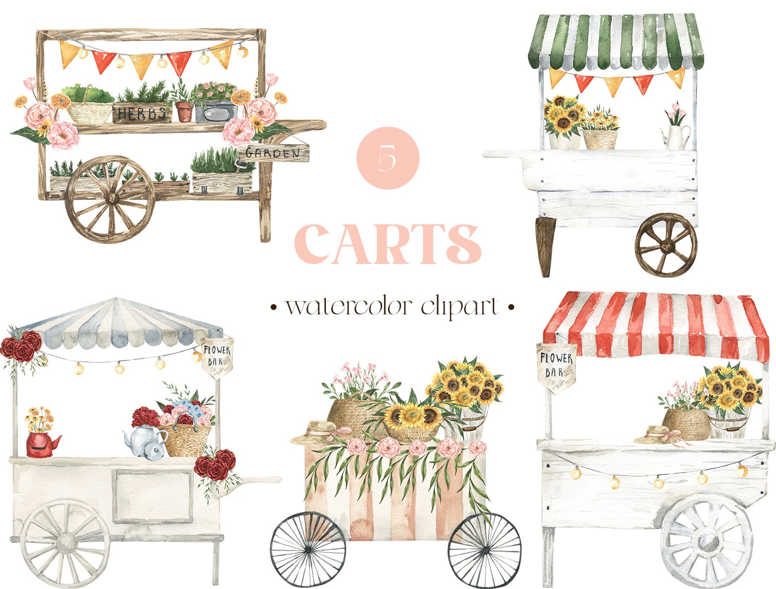 Watercolor Flower Carts Floral Truck Wheelbarrow Flower Bar Etsy