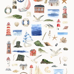 Pu&ograve; includere: Un set di 90 illustrazioni ad acquerello a tema nautico. Il set include fari, barche a vela, conchiglie, stelle marine, gabbiani, boe e molto altro. Le immagini sono perfette per creare inviti, biglietti e altri lavoretti.