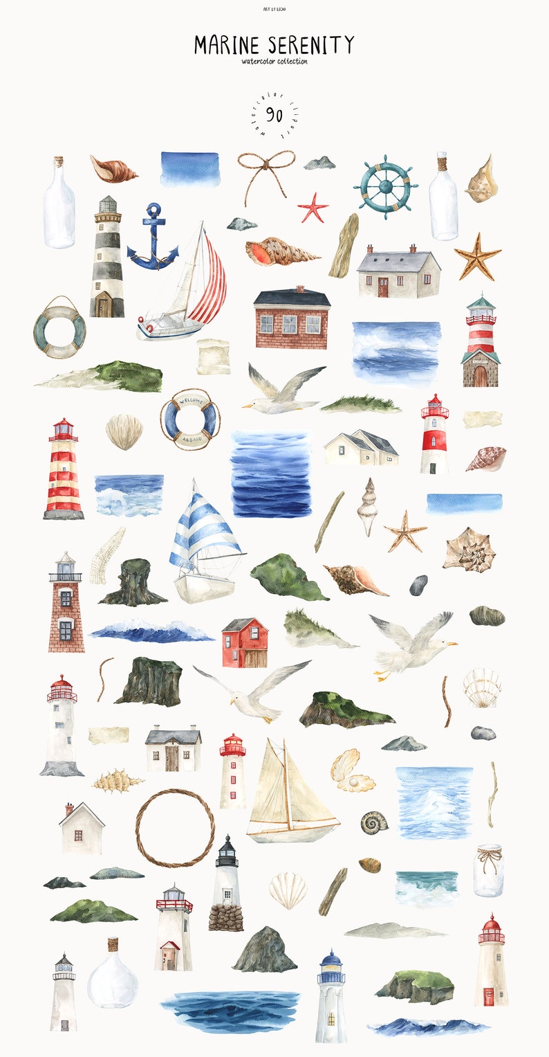Pu&ograve; includere: Un set di 90 illustrazioni ad acquerello a tema nautico. Il set include fari, barche a vela, conchiglie, stelle marine, gabbiani, boe e molto altro. Le immagini sono perfette per creare inviti, biglietti e altri lavoretti.
