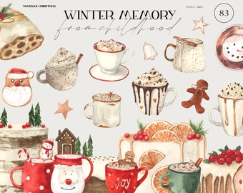 Watercolor Christmas Food Clipart Dessert Drink Cake Pie Gingerbread Cookies Cupcakes Cocoa Hot Drink Winter Holiday clip art png