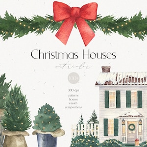 Christmas Watercolor Country Houses Winter Cozy Home House Drawing of a Cottage Watercolor Buildings clipart seamless pattern png