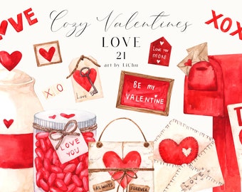 Watercolor Love Clipart Heart Valentines Day Letter Red Mail Box XOXO February Cute Wedding Invitation Sublimation clip art png