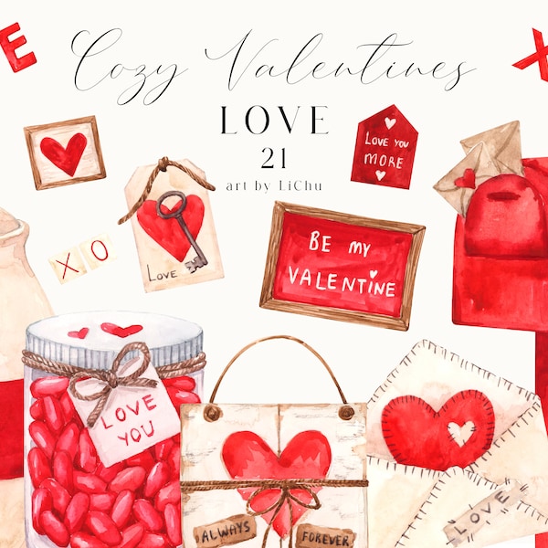 Watercolor Love Clipart Heart Valentines Day Letter Red Mail Box XOXO February Cute Wedding Invitation Sublimation clip art png