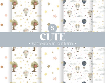 Watercolor hot air ballon cute seamless pattern tree house stars cloud  Scrapbooking digital paper Boho nursery decor clipart png jpg