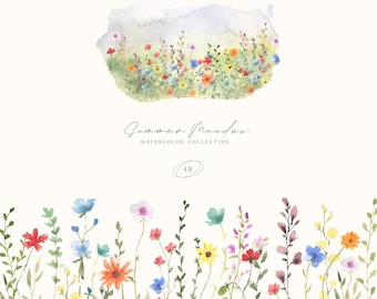 Summer Meadow Watercolor Clipart - Village Clipart - Wild Flowers Borders - Wildflowers Clipart - Fields Bouquets - Storybook Art PNG