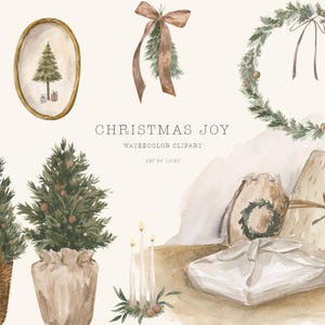 Christmas Joy aquarel clipart - feestelijke krans, geschenken, kousen, kaarsen en bomen - digitale vakantiekunst voor kaarten, knutseldecoratie, png