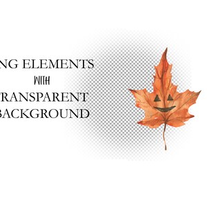 May include: A watercolor illustration of a single orange maple leaf with a carved jack-o'-lantern face. The leaf is isolated on a transparent background.