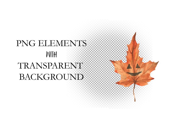 May include: A watercolor illustration of a single orange maple leaf with a carved jack-o'-lantern face. The leaf is isolated on a transparent background.