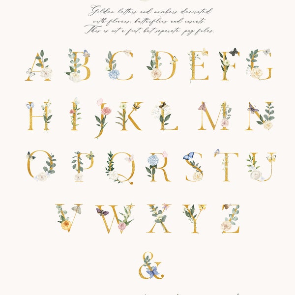 Alphabet Aquarell Floral Gold Typografie Hochzeit Buchstaben und Zahl mit Rosen Eukalyptus Schmetterling und Motten Clipart png