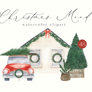 Casa aconchegante de inverno aquarela carro de natal guirlanda moldura buquês florais abeto - casa de férias png - download instantâneo