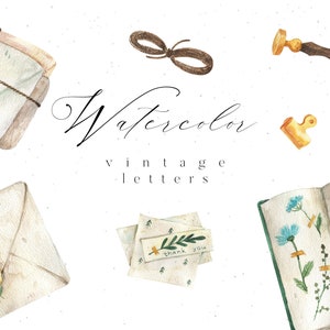 Aquarelle vintage lettres herbier livre cire à sceller fil cadeau papeterie clipart png