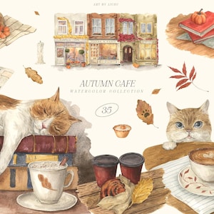 Höstkafé Clipart | Mysiga höstakvarell illustrationer | Kattkafékonst, pumpor, bakverk, hyggevibbar, Cottagecore Clip Art PNG