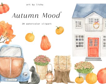 Autumn Watercolor Houses Clipart Retro Car Black Cat Fall Tree Pumpkin Illustration Harvest Clip Art Cozy Cottages Plants Sublimation PNG