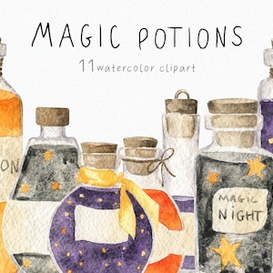 May include: Eleven watercolor illustrations of glass bottles with cork stoppers and labels. The bottles contain various colored liquids and have stars and other designs. The bottles are labeled "Potion", "Magic Night", and other text. The bottles are on a white background.
