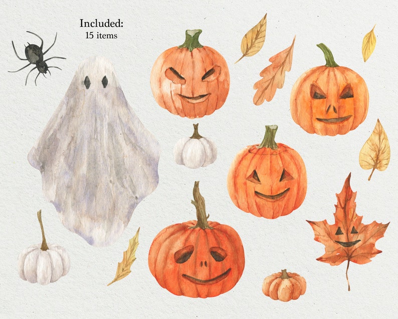 May include: Watercolor illustrations of Halloween themed elements, including pumpkins with jack-o'-lantern faces, ghosts, spiders, and fall leaves.  The text "Included: 15 items" is also visible.