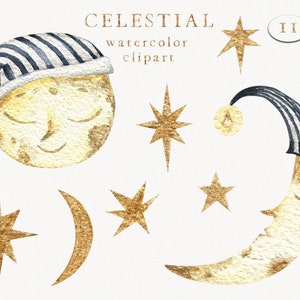 Clipart céleste doré aquarelle espace cosmique lune ciel signe étoiles bonne nuit baby shower bohème logo chambre d'enfant clipart png