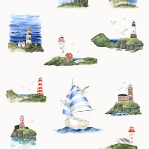 May include: A watercolor illustration set of 14 nautical themed images. The set includes lighthouses, sailboats, and a message in a bottle. The images are painted in a soft, whimsical style and are perfect for adding a touch of coastal charm to your projects.