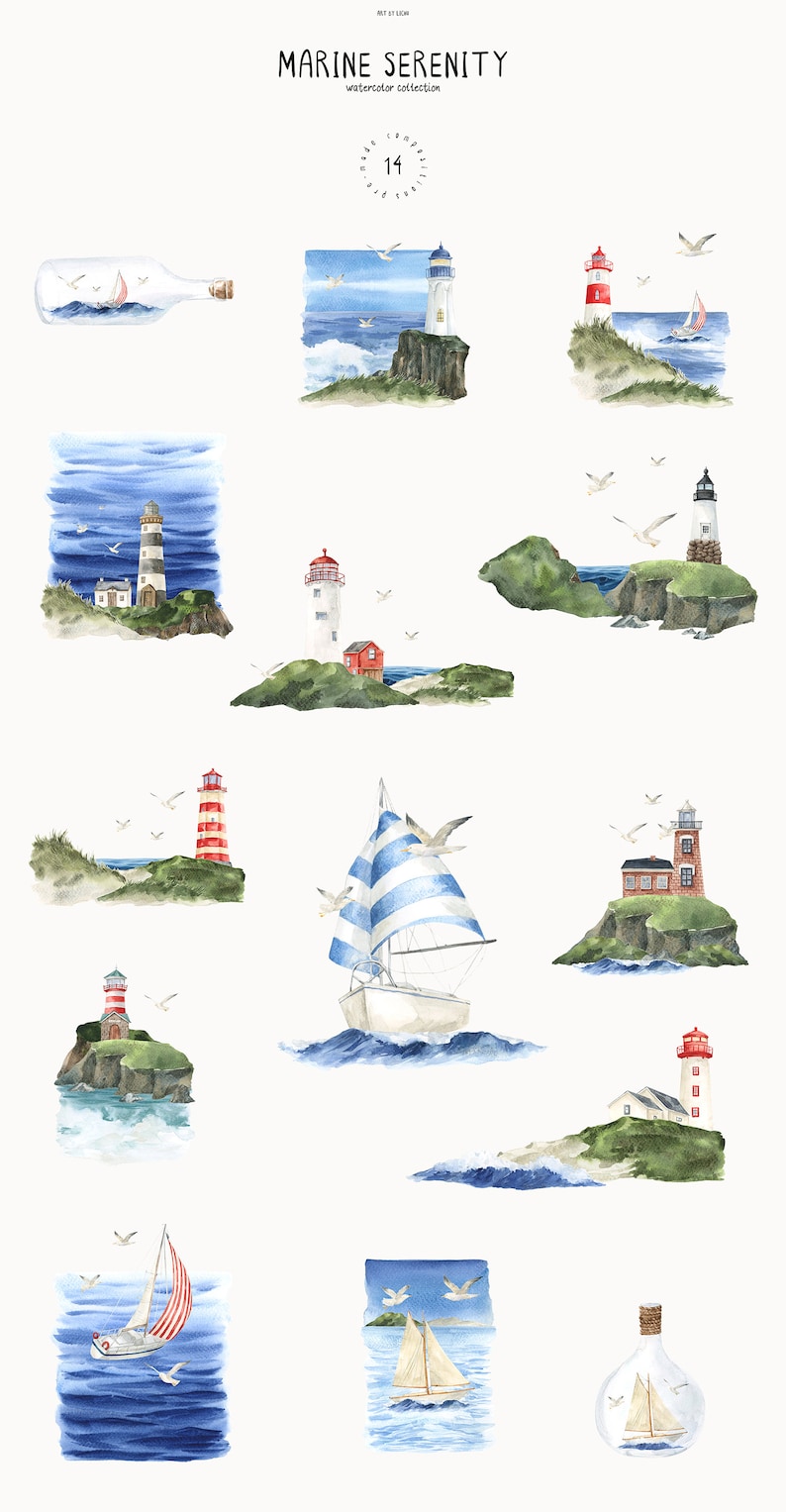 May include: A watercolor illustration set of 14 nautical themed images. The set includes lighthouses, sailboats, and a message in a bottle. The images are painted in a soft, whimsical style and are perfect for adding a touch of coastal charm to your projects.