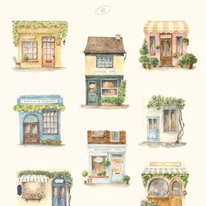 May include: Watercolor illustration of nine charming buildings, each depicting a cafe or shop. The artwork features a soft color palette with details like awnings, flowers, and the text "Summer Cafe" and "Coffee & Flowers".
