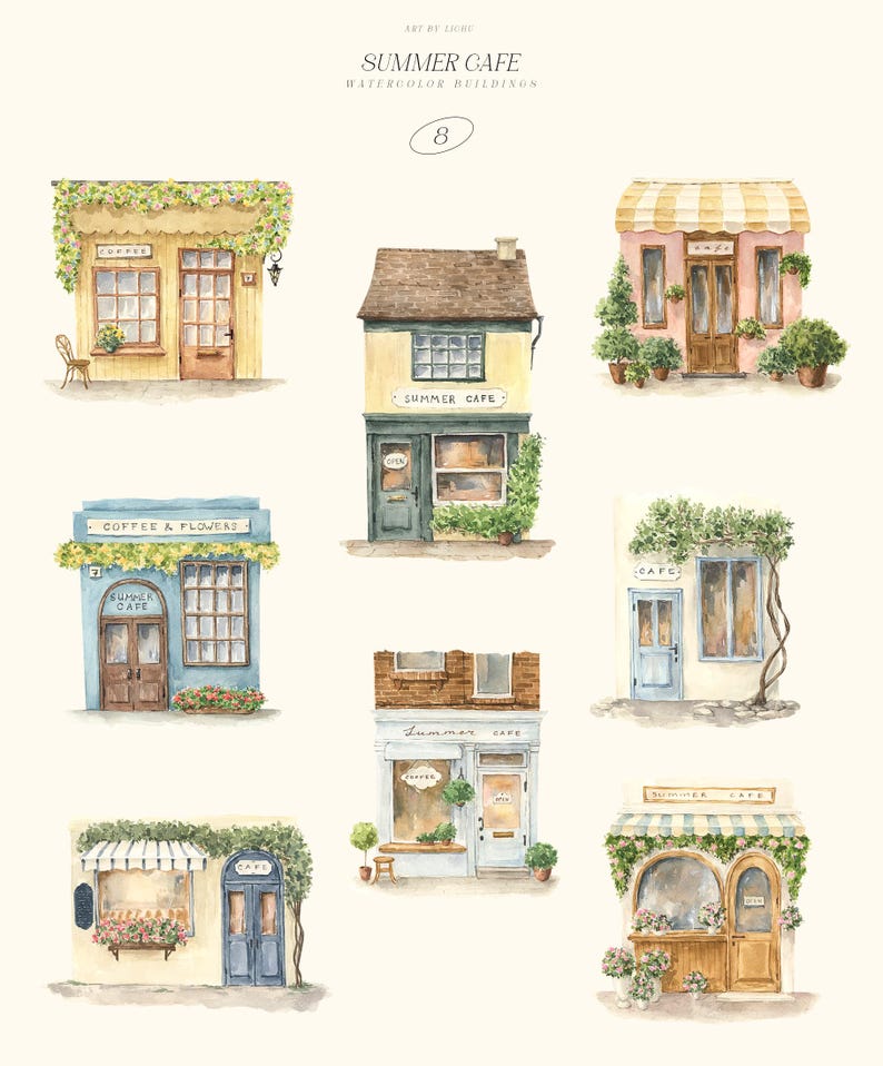 May include: Watercolor illustration of nine charming buildings, each depicting a cafe or shop. The artwork features a soft color palette with details like awnings, flowers, and the text "Summer Cafe" and "Coffee & Flowers".