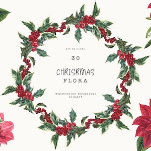 Flora de Natal Aquarela Clipart Visco Coroa Poinsétia Moldura Buquê de Inverno Azevinho Alegre Baga Vermelha Rosas Folhas Floral Convite de Casamento