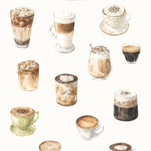 May include: Watercolor illustration of various coffee drinks, including lattes, iced coffee, and espresso. The image features a collection of coffee beverages with different toppings and presentations. The text "COFFEE AESTHETIC WATERCOLOR COLLECTION" is at the top.