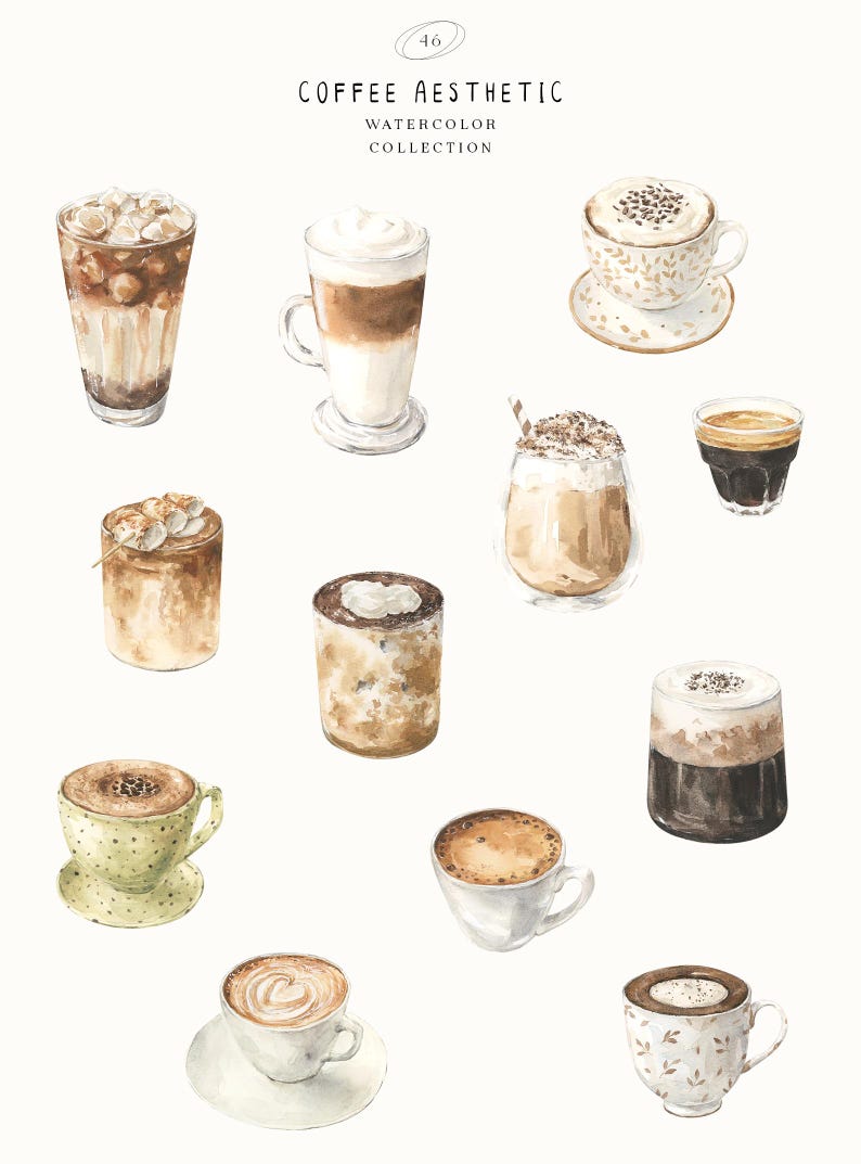 May include: Watercolor illustration of various coffee drinks, including lattes, iced coffee, and espresso. The image features a collection of coffee beverages with different toppings and presentations. The text "COFFEE AESTHETIC WATERCOLOR COLLECTION" is at the top.