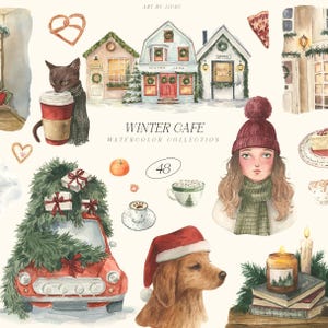 Könnte beinhalten: Aquarellillustration mit Wintercafé-Thema. Enthält ein rotes Auto mit Geschenken, eine Katze mit einer Kaffeetasse, ein Mädchen mit Wintermütze und einen Hund mit Weihnachtsmütze. Der Text "Winter Cafe Watercolor Collection" ist ebenfalls vorhanden.