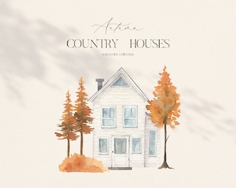 Watercolor Autumn Houses Clipart Mountains Cozy Fall Trees Country House Cottage Building for invite card logo Digital clipart PNG