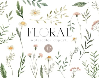 May include: A set of 42 watercolor floral clipart illustrations. The illustrations feature various types of flowers, leaves, and stems in shades of green, white, and pink. The text "FLORAL watercolor clipart 42" is included in the image.
