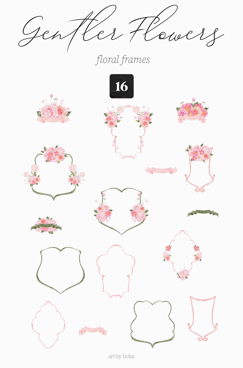 Watercolor Floral Clipart Gentler Flowers Wildflowers Wreath Pink Peonies Hydrangea Camellia Frame Wild Flora Monogram Sublimation png image 3