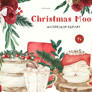 Bebida de café de Natal em aquarela com biscoitos de sobremesa de marshmallow, buquê de inverno de doces, vela, folhagem, galho de pinheiro, rosas clipart png