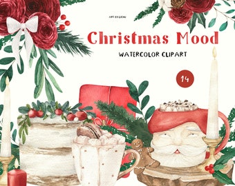 Watercolor Christmas Coffee Drink with Marshmallow Dessert Cookies Candy Winter Bouquet Candle Greenery Pine Twig Roses clipart png