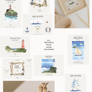 Pu&ograve; includere: Un set di 10 inviti per baby shower ad acquerello con temi nautici. Gli inviti presentano fari, barche a vela, conchiglie e ancore. Il testo sugli inviti dice "Sailing into One!" e "Sail on Over".