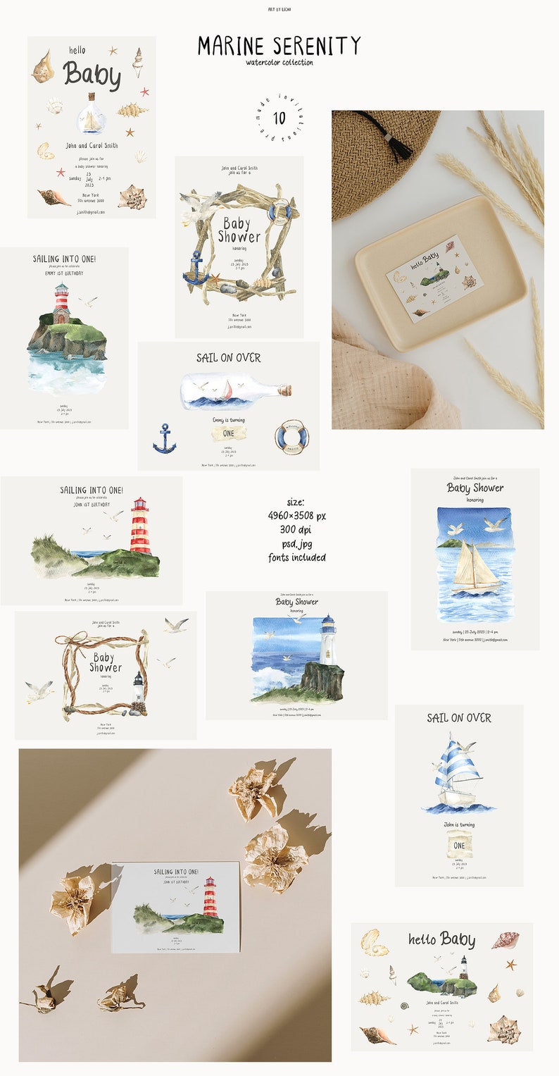 Pu&ograve; includere: Un set di 10 inviti per baby shower ad acquerello con temi nautici. Gli inviti presentano fari, barche a vela, conchiglie e ancore. Il testo sugli inviti dice "Sailing into One!" e "Sail on Over".