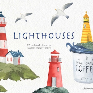 Aquarel vuurtorens clipart PNG. Nautische clipart. Landschap clipart, berg clipart, zee clipart, zeemeeuw clipart. Reisclipart.