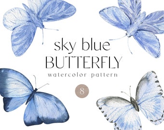 Sky blue butterfly clipart Watercolor insect baby shower spring romantic wedding invitation greeting card sublimation clipart png